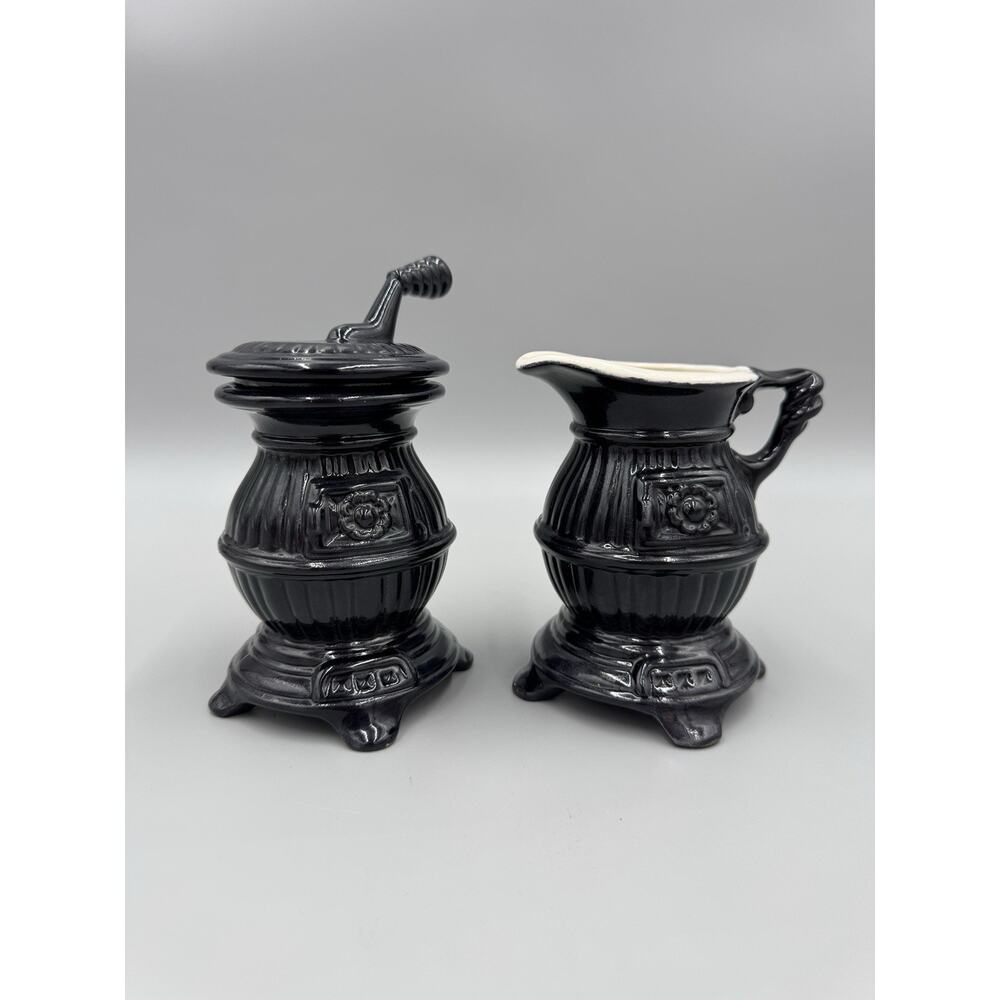 Vintage Ceramic Black Pot Belly Stove Creamer & Sugar w/ Lid 3-pc READ DETAILS